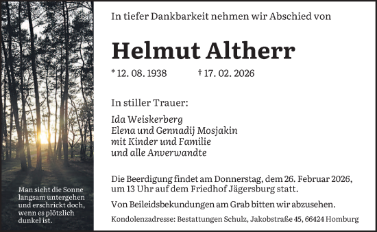 Traueranzeige von Helmut Altherr von saarbruecker_zeitung
