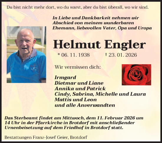 Traueranzeige von Helmut Engler von saarbruecker_zeitung