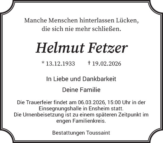 Traueranzeige von Helmut Fetzer von saarbruecker_zeitung