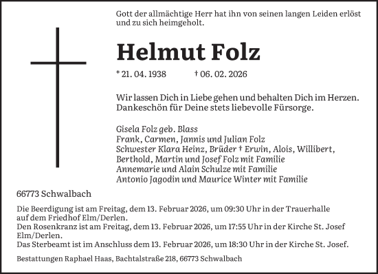 Traueranzeige von Helmut Folz von saarbruecker_zeitung