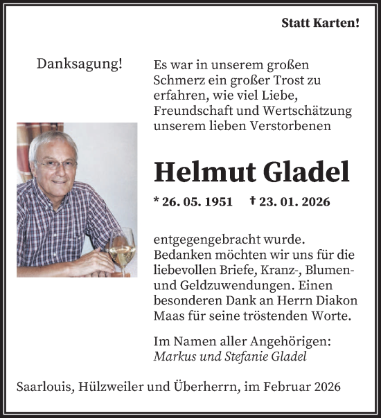 Traueranzeige von Helmut Gladel von saarbruecker_zeitung