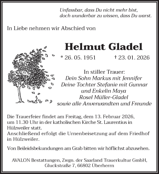 Traueranzeige von Helmut Gladel von saarbruecker_zeitung