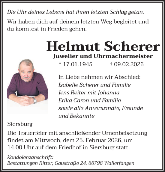 Traueranzeige von Helmut Scherer von saarbruecker_zeitung