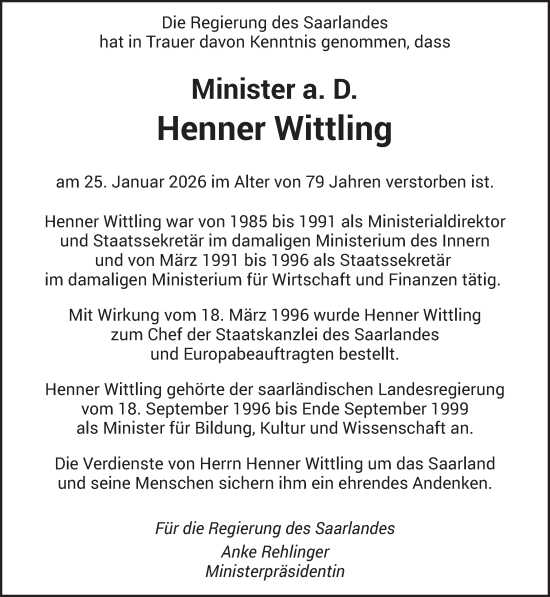 Traueranzeige von Henner Wittling von saarbruecker_zeitung
