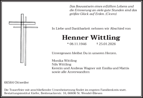 Traueranzeige von Henner Wittling von saarbruecker_zeitung