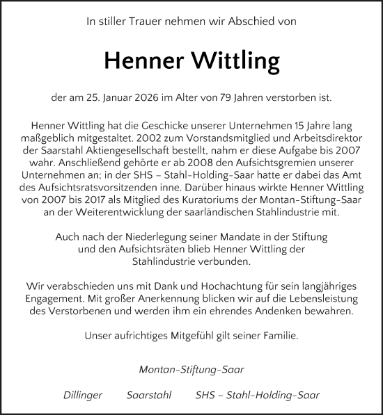 Traueranzeige von Henner Wittling von saarbruecker_zeitung