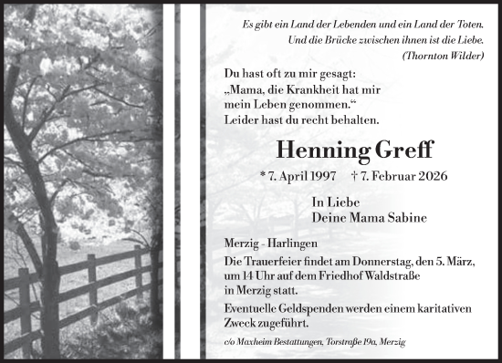 Traueranzeige von Henning Greff von saarbruecker_zeitung