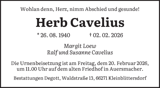 Traueranzeige von Herb Cavelius von saarbruecker_zeitung