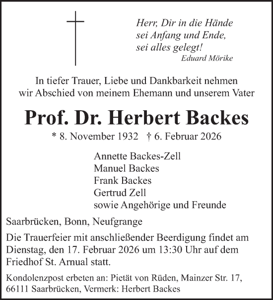 Traueranzeige von Herbert Backes von saarbruecker_zeitung