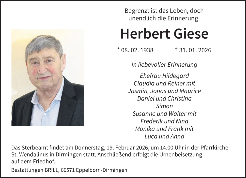  Traueranzeige für Herbert Giese vom 14.02.2026 aus saarbruecker_zeitung