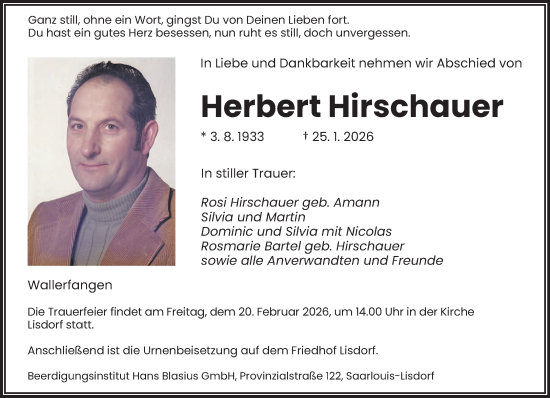Traueranzeige von Herbert Hirschauer von saarbruecker_zeitung