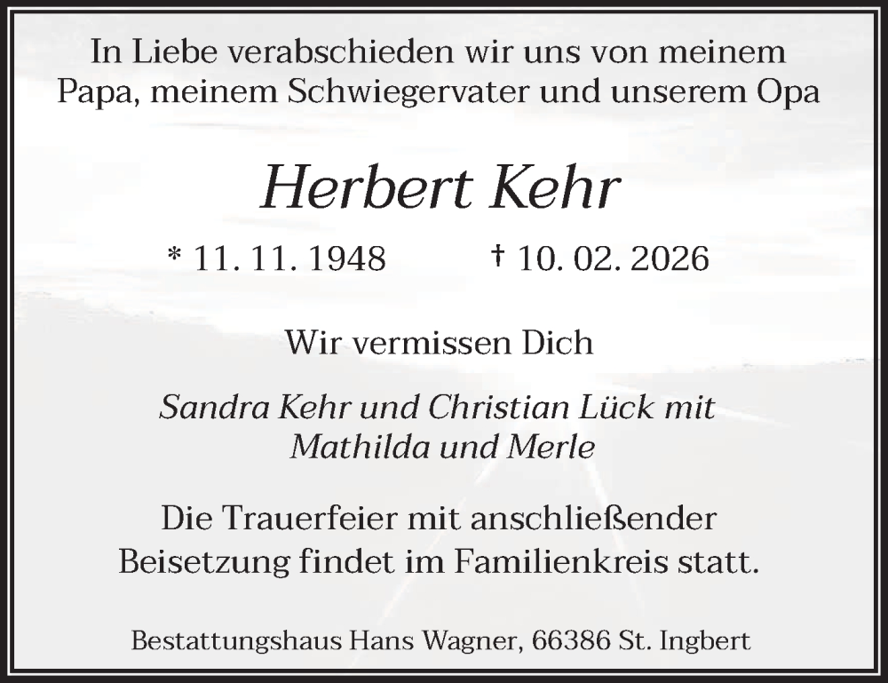  Traueranzeige für Herbert Kehr vom 28.02.2026 aus saarbruecker_zeitung
