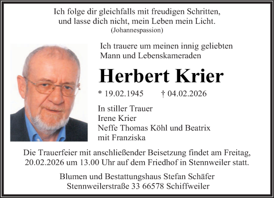 Traueranzeige von Herbert Krier von saarbruecker_zeitung