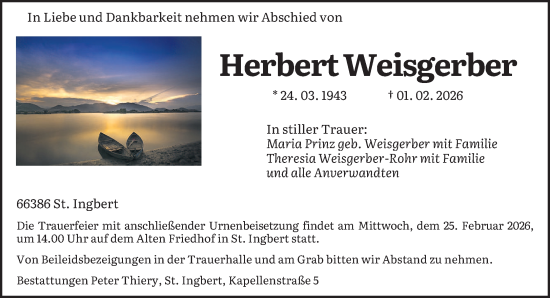 Traueranzeige von Herbert Weisgerber von saarbruecker_zeitung