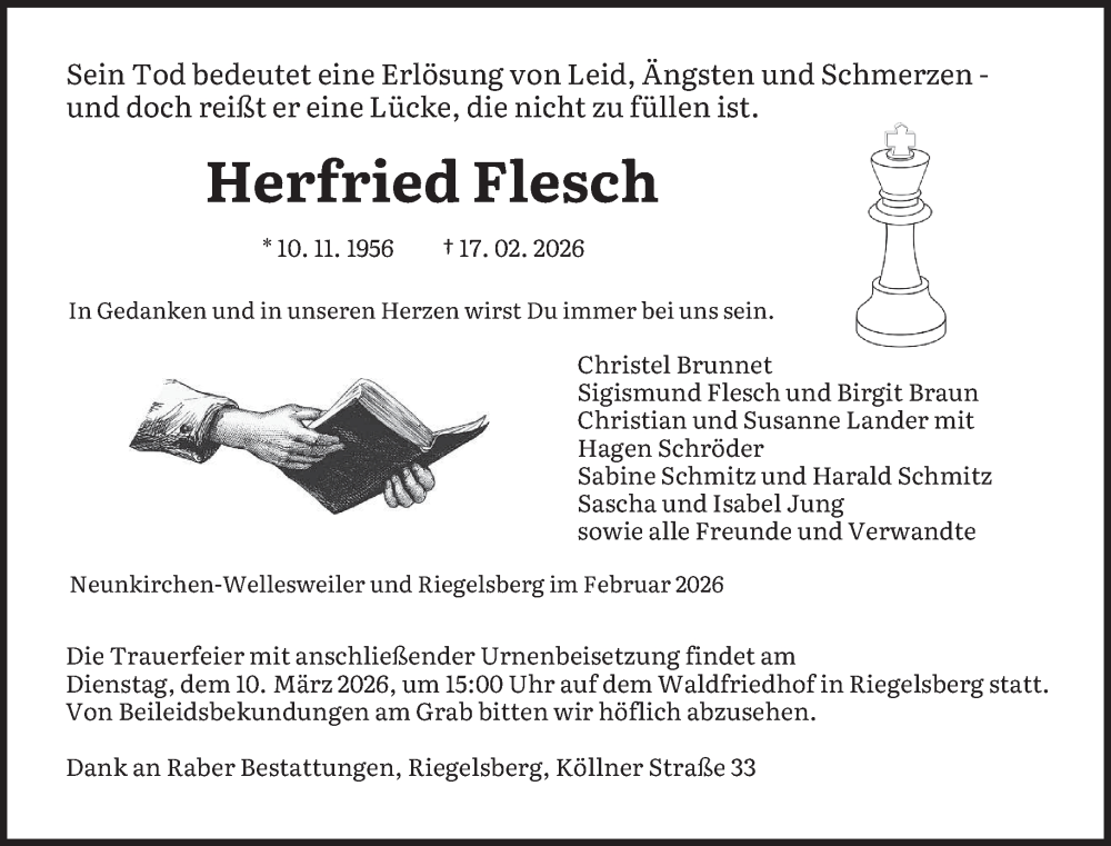  Traueranzeige für Herfried Flesch vom 28.02.2026 aus saarbruecker_zeitung