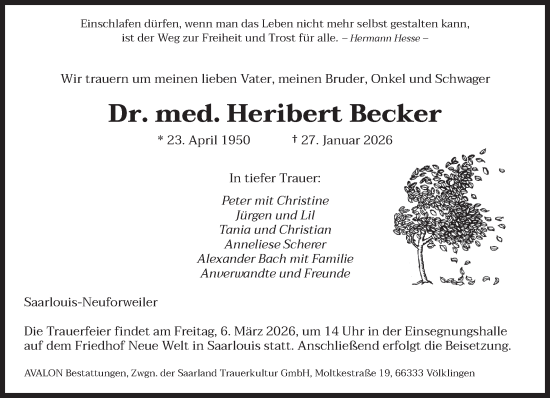 Traueranzeige von Heribert Becker von saarbruecker_zeitung