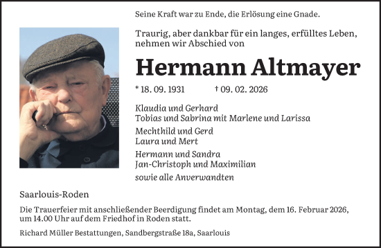 Traueranzeige von Hermann Altmayer von saarbruecker_zeitung