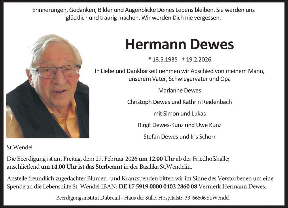  Traueranzeige für Hermann Dewes vom 21.02.2026 aus saarbruecker_zeitung