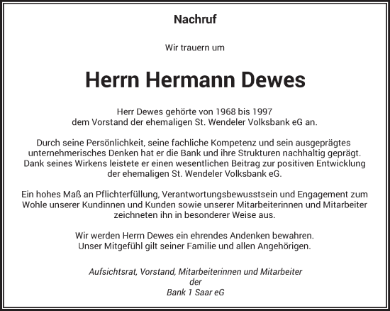 Traueranzeige von Hermann Dewes von saarbruecker_zeitung