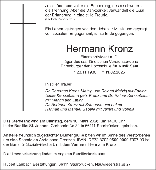 Traueranzeige von Hermann Kronz von saarbruecker_zeitung