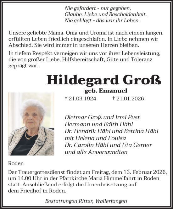 Traueranzeige von Hildegard Groß von saarbruecker_zeitung