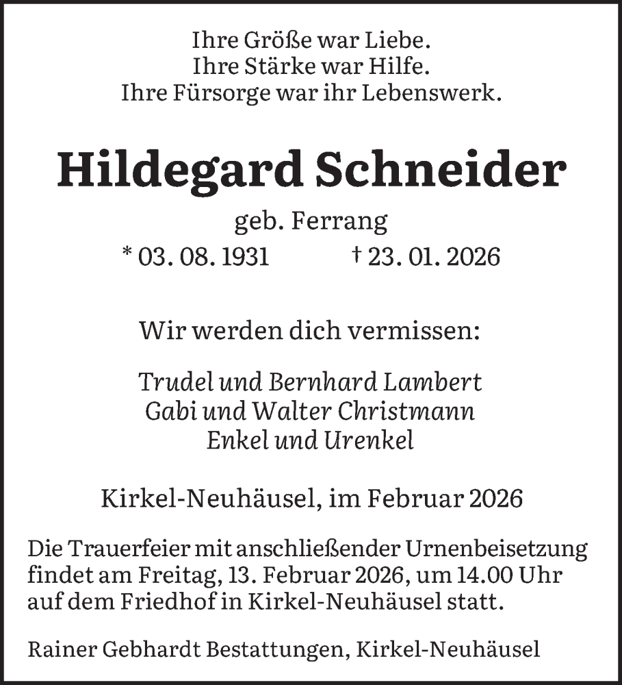  Traueranzeige für Hildegard Schneider vom 07.02.2026 aus saarbruecker_zeitung