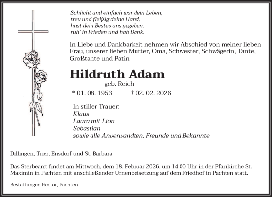 Traueranzeige von Hildruth Adam von saarbruecker_zeitung