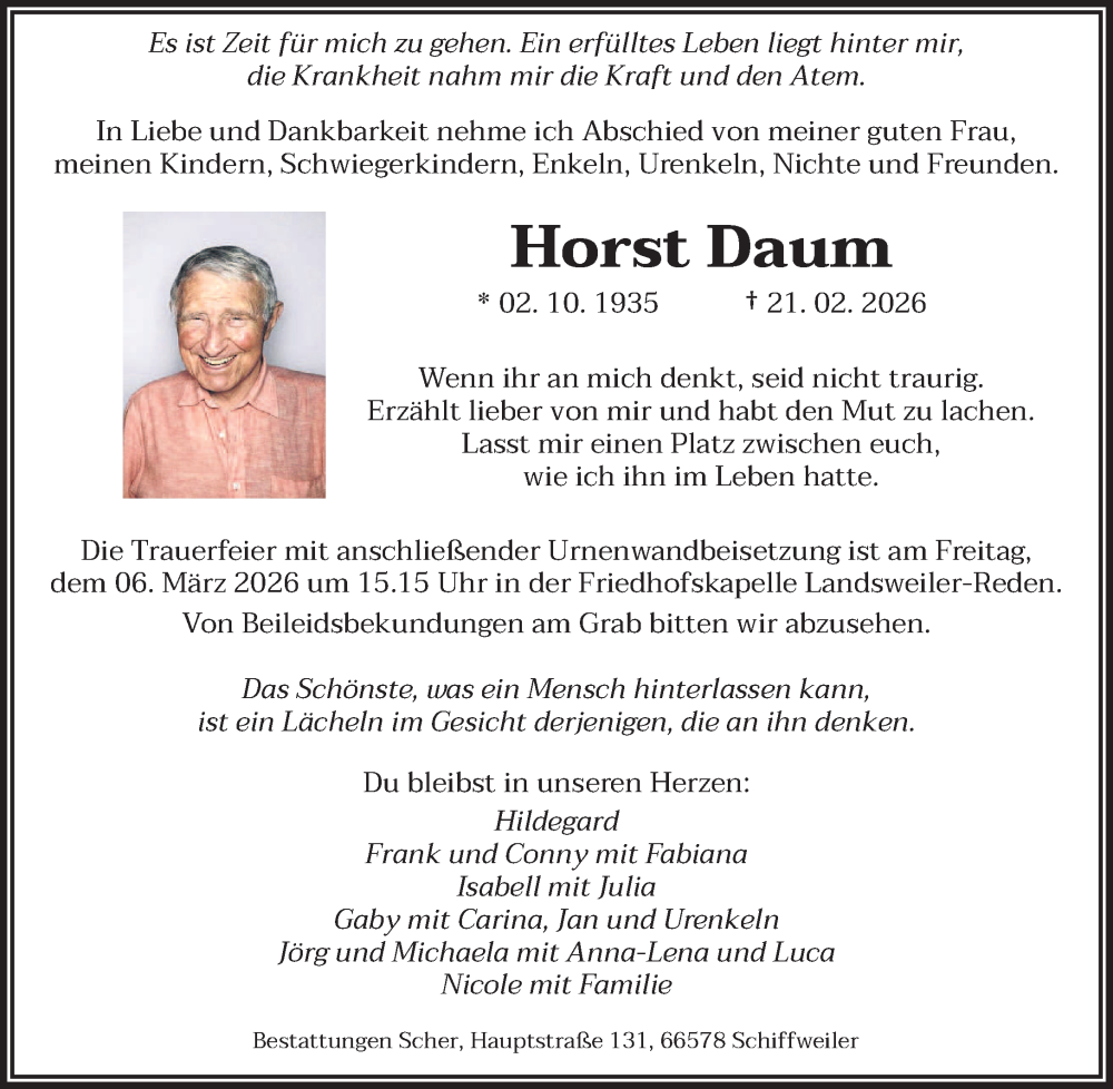  Traueranzeige für Horst Daum vom 28.02.2026 aus saarbruecker_zeitung