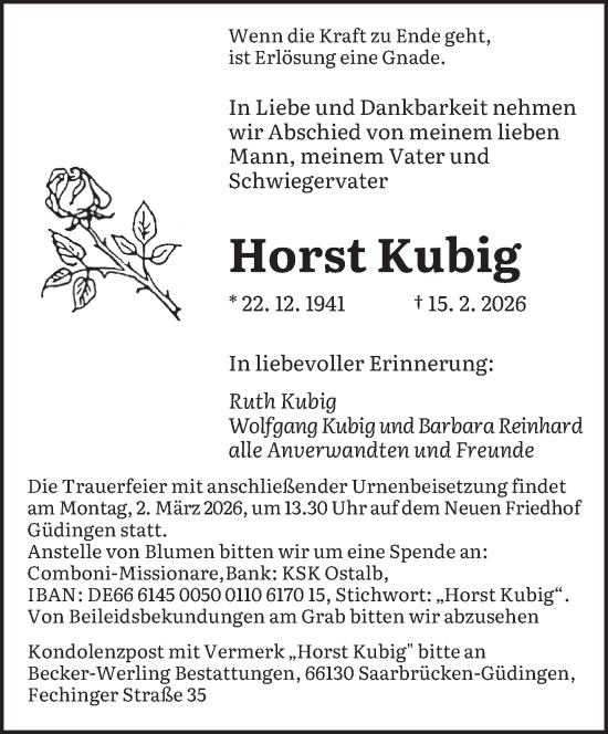 Traueranzeige von Horst Kubig von saarbruecker_zeitung
