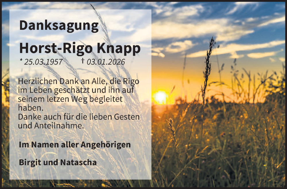  Traueranzeige für Horst-Rigo Knapp vom 14.02.2026 aus saarbruecker_zeitung