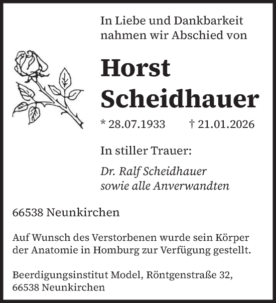 Traueranzeige von Horst Scheidhauer von saarbruecker_zeitung