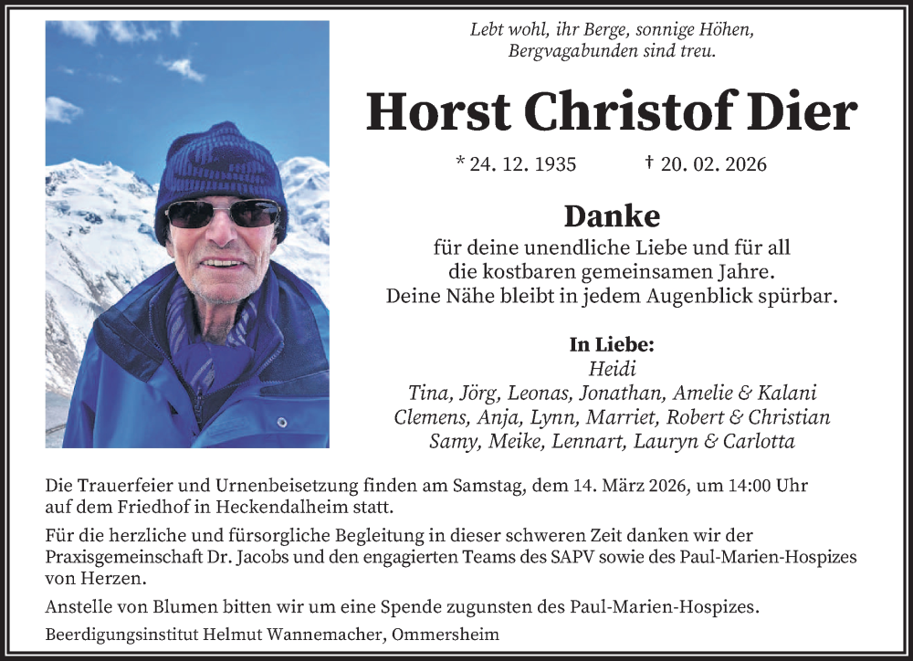  Traueranzeige für Horst Christof Dier vom 28.02.2026 aus saarbruecker_zeitung