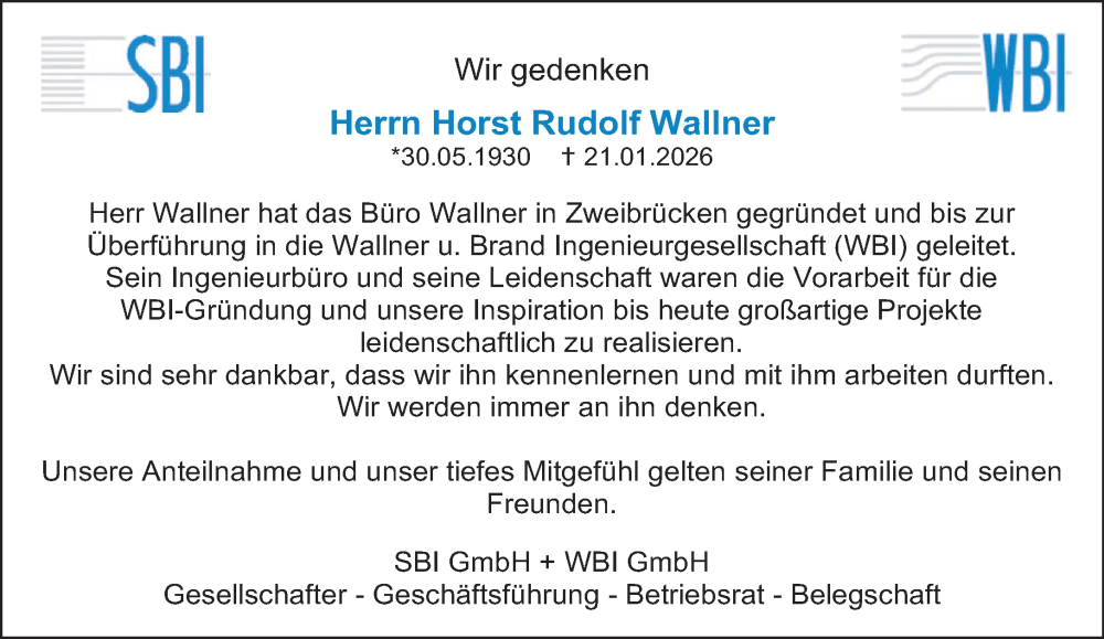  Traueranzeige für Horst Rudolf Wallner vom 14.02.2026 aus saarbruecker_zeitung