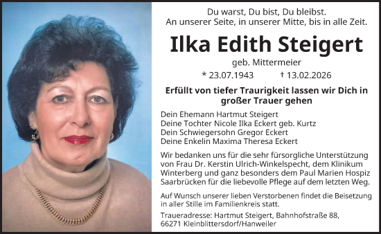 Traueranzeige von Ilka Edith Steigert von saarbruecker_zeitung