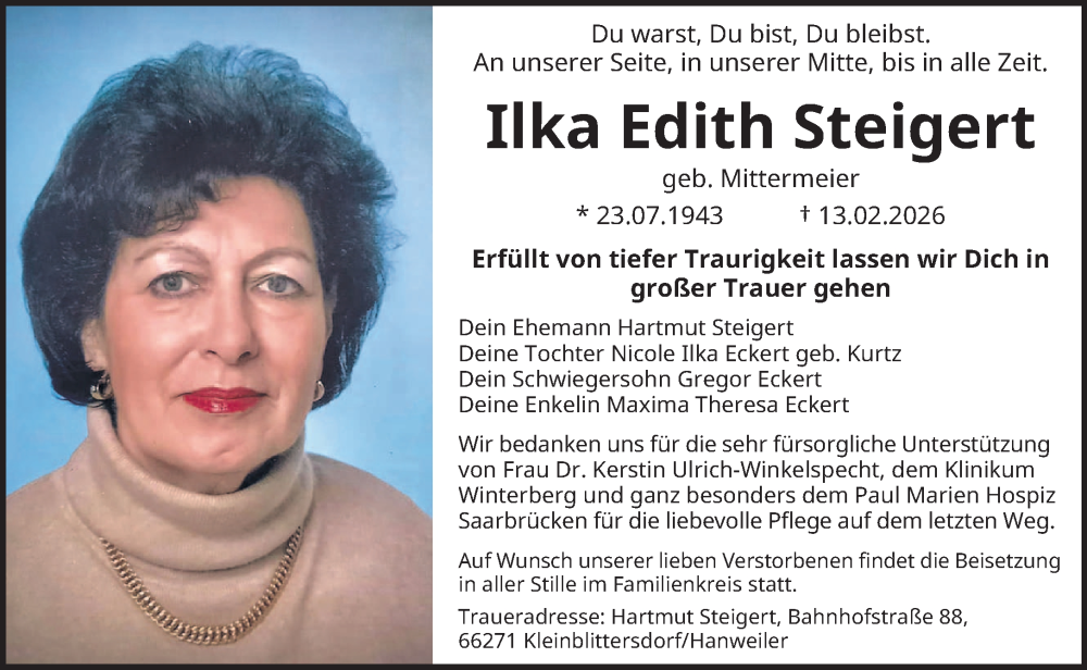  Traueranzeige für Ilka Edith Steigert vom 28.02.2026 aus saarbruecker_zeitung