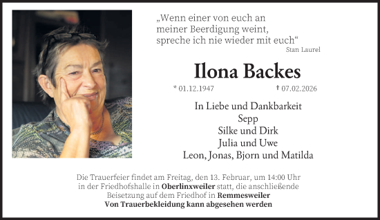Traueranzeige von Ilona Backes von saarbruecker_zeitung