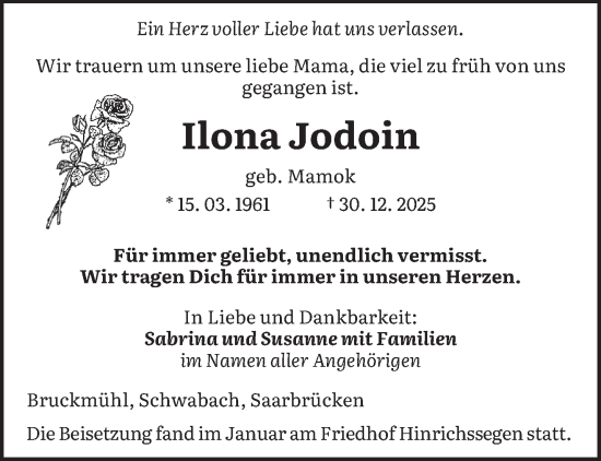 Traueranzeige von Ilona Jodoin von saarbruecker_zeitung