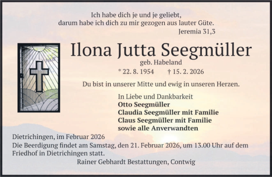 Traueranzeige von Ilona Jutta Seegmüller von saarbruecker_zeitung