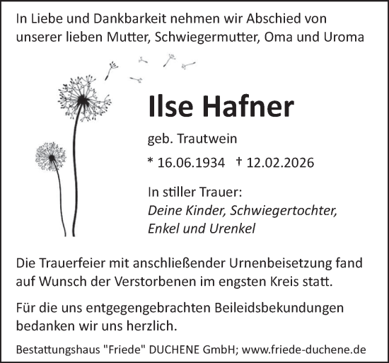 Traueranzeige von Ilse Hafner von saarbruecker_zeitung