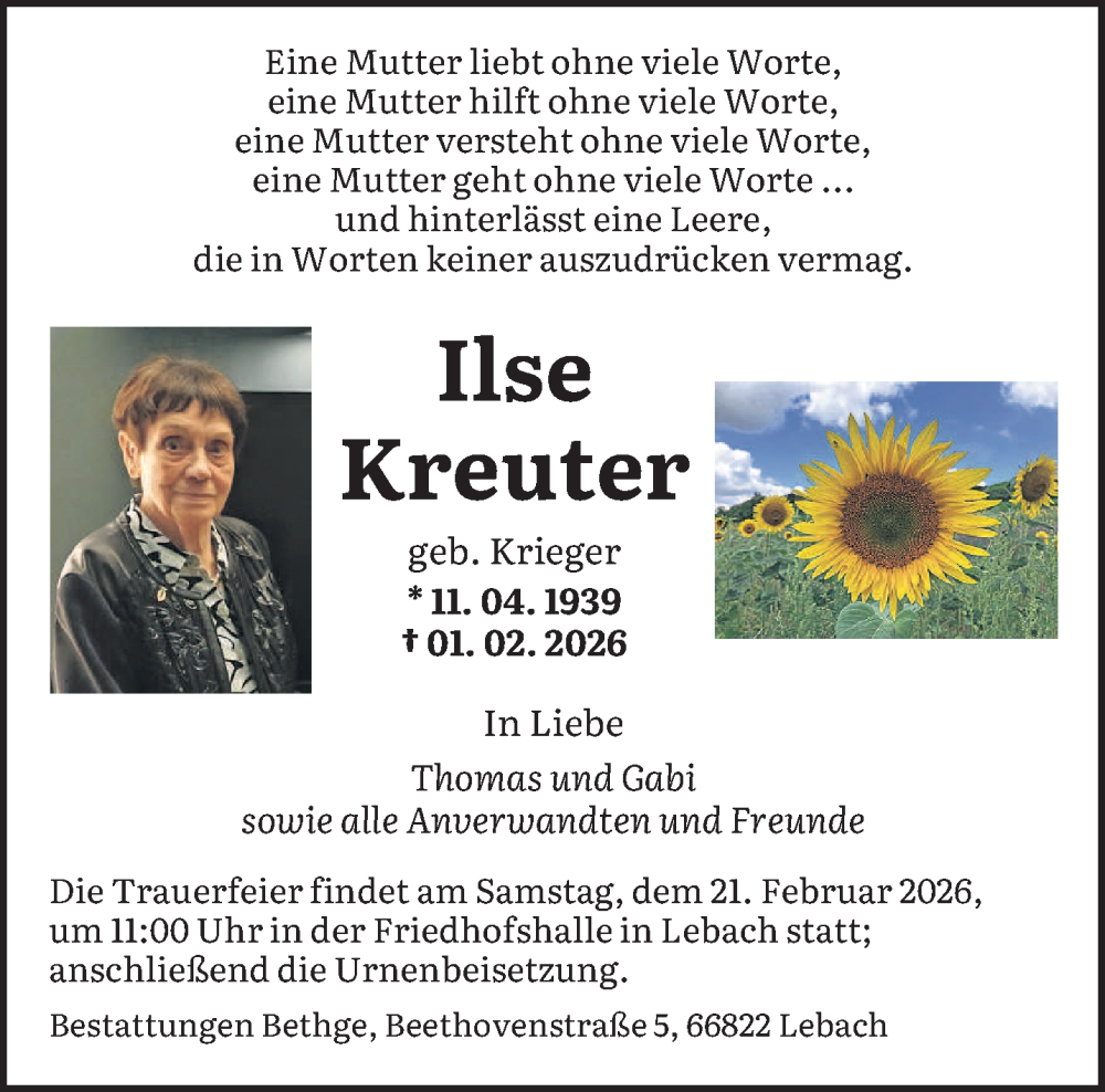  Traueranzeige für Ilse Kreuter vom 14.02.2026 aus saarbruecker_zeitung