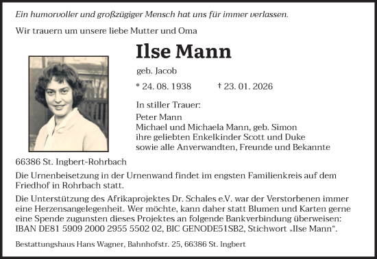 Traueranzeige von Ilse Mann von saarbruecker_zeitung