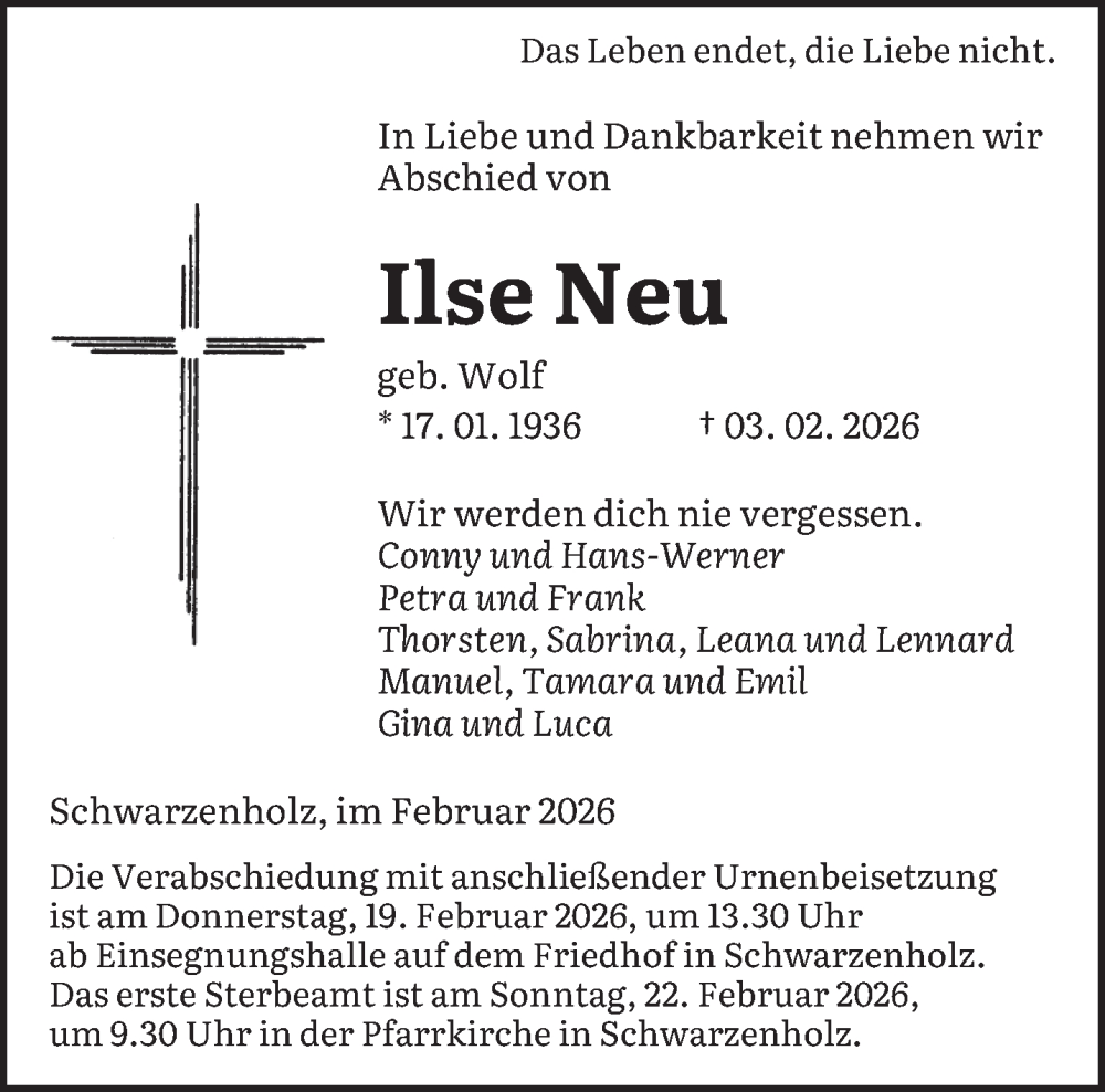  Traueranzeige für Ilse Neu vom 14.02.2026 aus saarbruecker_zeitung