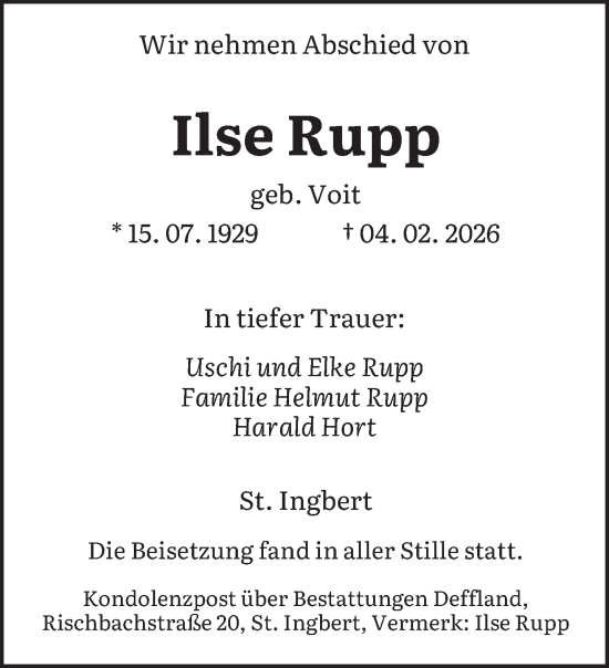 Traueranzeige von Ilse Rupp von saarbruecker_zeitung
