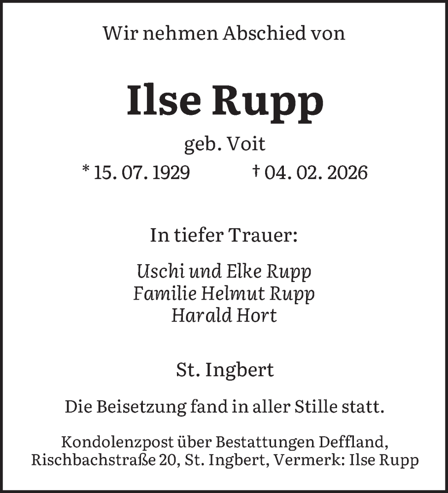  Traueranzeige für Ilse Rupp vom 28.02.2026 aus saarbruecker_zeitung