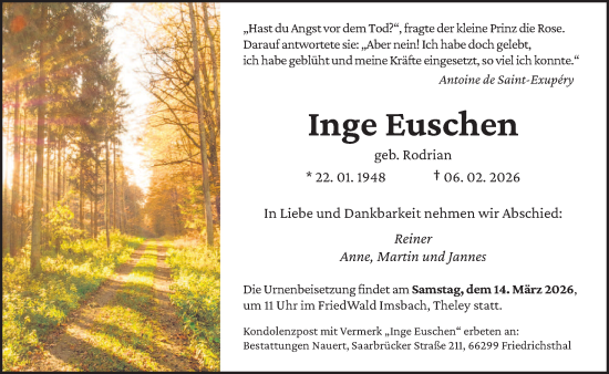 Traueranzeige von Inge Euschen von saarbruecker_zeitung
