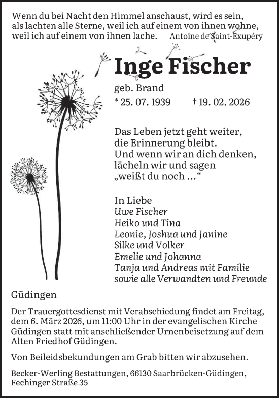 Traueranzeige von Inge Fischer von saarbruecker_zeitung