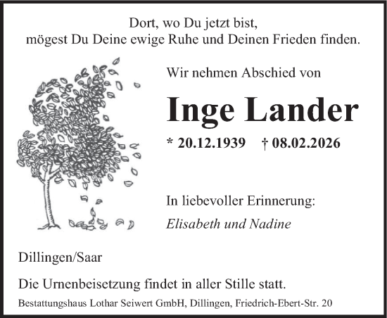 Traueranzeige von Inge Lander von saarbruecker_zeitung