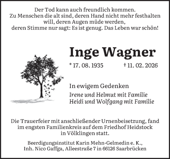 Traueranzeige von Inge Wagner von saarbruecker_zeitung