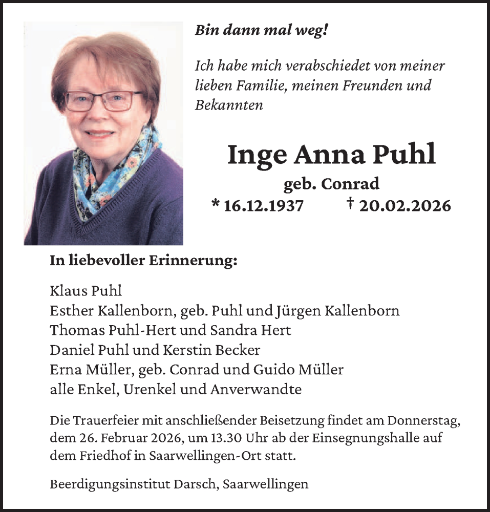  Traueranzeige für Inge Anna Puhl vom 25.02.2026 aus saarbruecker_zeitung