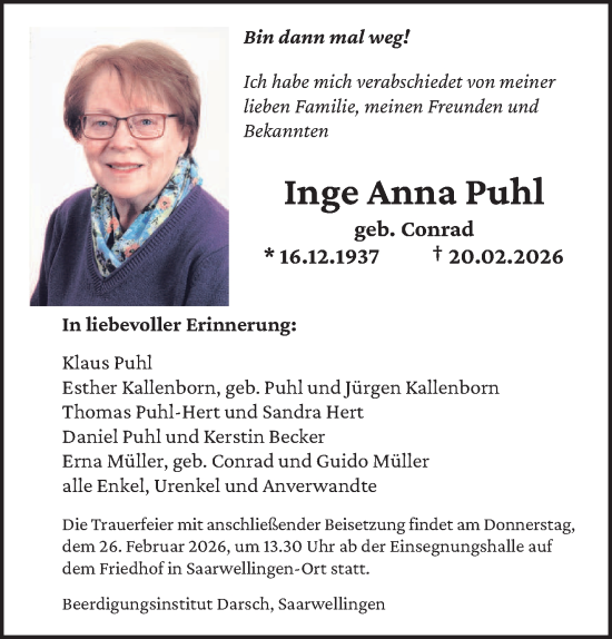 Traueranzeige von Inge Anna Puhl von saarbruecker_zeitung